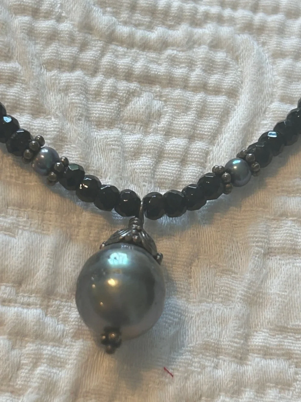 16” Black Spinel, and Sterling Beaded Choker With Large Fresh Water Gray Pearl
